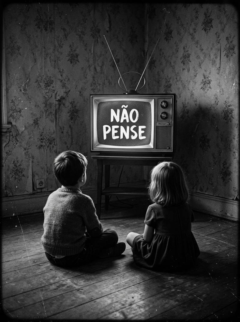 Duas crianças diante de uma televisão antiga com a frase não pense na tela